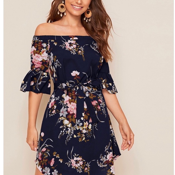 Off The Shoulder Floral Print Tie Curved Hem Dress - Picture 2 of 6